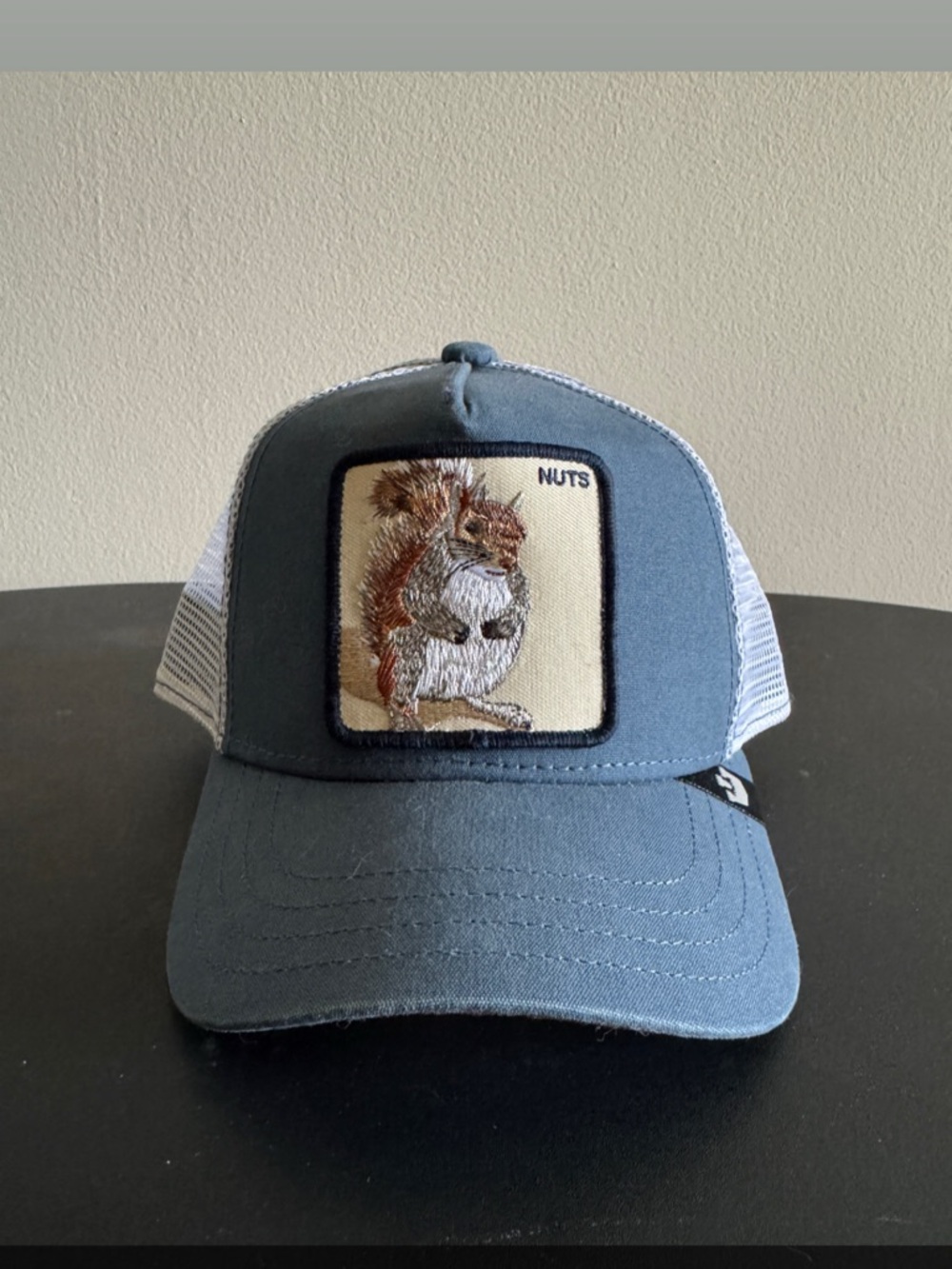 Goorin Bros Blue and White Trucker Hat with Squirrel Patch
